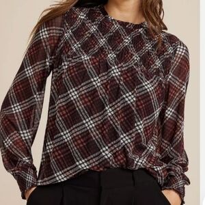 Maurices XL Dark Academia Clueless Preppy smocked plaid long sleeve blouse